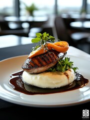 Wall Mural - Grilled chicken breast with mashed potatoes and sauce modern restaurant food elegant dining room close-up culinary art