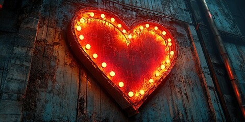Poster - Bright heart shaped neon sign illuminates a rustic wall in a dimly lit urban setting at night