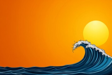 Poster - A clean, flat design of a wave curling gently under a bright yellow sun, symbolizing Hawaiian beaches