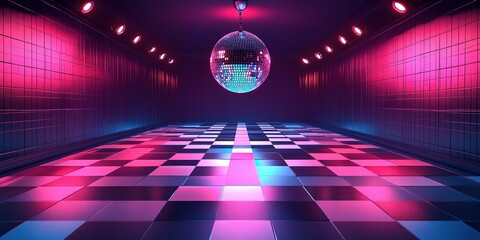 Poster - Vibrant dance floor with disco ball under colorful lights in an empty hall during nighttime