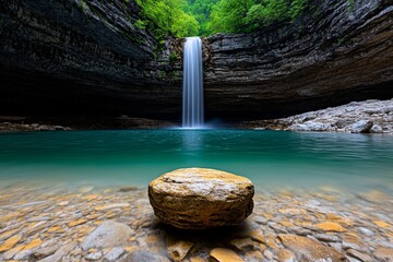 Poster - A crystal-clear HDR image of a waterfall cascading into a turquoise pool, with mist rising and light filtering through the trees