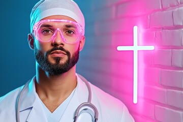 Aufkleber - A cyberpunk-inspired doctor holding a glowing holographic medical cross, surrounded by neon blue and pink light in a futuristic city clinic
