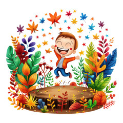 Wall Mural - Cheerful Child in Autumn Leaves Surrounded by Colorful Nature