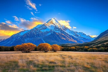 Aufkleber - A dynamic HDR image of a snow-capped mountain range glowing in the first light of dawn, with crisp shadows and soft highlights