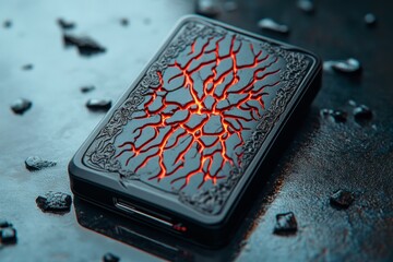 Poster - A gothic HDD design with dark, intricate engravings on the casing and faint red glowing cracks, placed in a shadowy environment