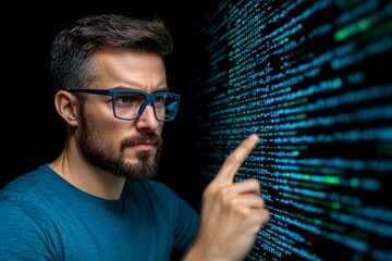 Poster - A holographic display of a futuristic trading algorithm with a programmer interacting with data visualizations