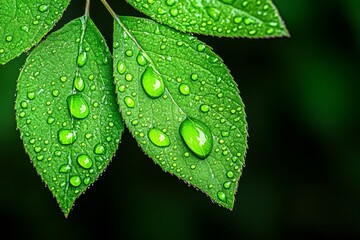 Wall Mural - A hyper-realistic HDR close-up of rain droplets on a vibrant green leaf, capturing intricate reflections, water texture, and soft light filtering through