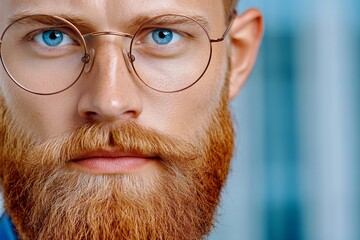 Poster - A hyper-realistic close-up of a hipster man face, showing a detailed beard, stylish glasses, and soft lighting reflecting on his skin