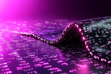 A minimalist concept of a digital matrix with scattered coding syntax glowing in soft neon