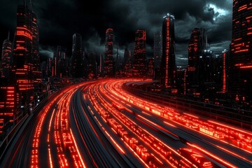 Poster - A minimalist concept of a futuristic highway with sharp, bold lines and glowing neon highlights against a dark background