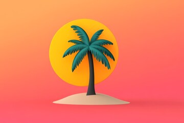 Poster - A minimalist illustration of a palm tree on a small island, set against a vibrant gradient background of sunset colors
