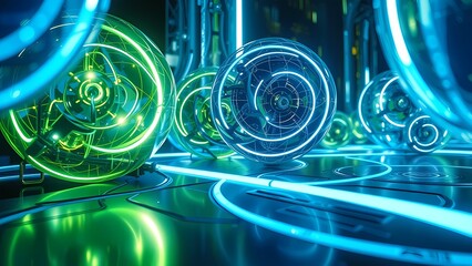 Fototapete - Futuristic blue binary code and fiber optics with glowing spots, showcasing technology and digital network concepts