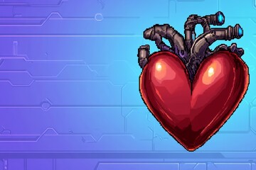 Aufkleber - A pixel art depiction of a beating red heart with animated glowing edges, set against a retro 8-bit background resembling a video game health bar