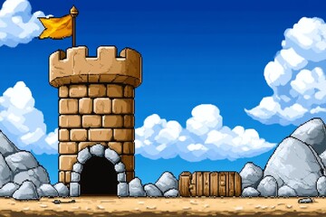 Poster - A pixel art version of a medieval castle, complete with knights, banners, and a drawbridge in classic retro game style