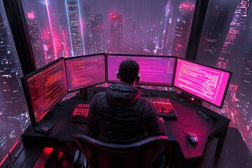 Poster - A programmer typing on a mechanical keyboard, surrounded by multiple glowing monitors displaying lines of code in a dark workspace