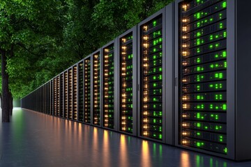 Aufkleber - A realistic scene of a server room with racks of HDDs in RAID arrays, their status lights glowing green in a dark environment