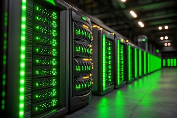 Aufkleber - A realistic scene of a server room with racks of HDDs in RAID arrays, their status lights glowing green in a dark environment