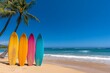© Thanyarat - A row of surfboards standing upright in the sand at Waikiki Beach, surrounded by a calm ocean and clear skies