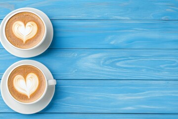 Poster - A romantic scene with two cups of coffee, with heart-shaped latte art on the foam, set on a wooden cafÃ© table
