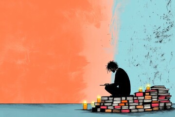 Poster - A shadowy illustration of a hipster artist sketching under dim light, surrounded by old books, dark furniture, and glowing candles