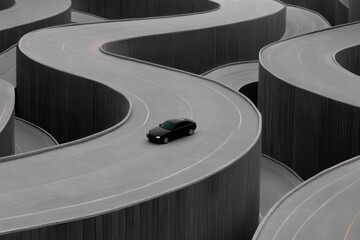 Aufkleber - A simple geometric design of a winding highway in soft gray tones, with a lone car as a small focal point