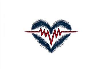 Poster - A stylized flat design of a heart with a heartbeat line running through it, drawn in bold red and black lines on a white background