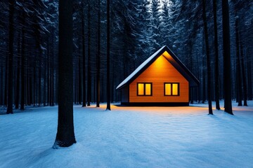 Poster - A tranquil HDR scene of a wooden cabin surrounded by a snowy forest, with golden light from the windows glowing softly