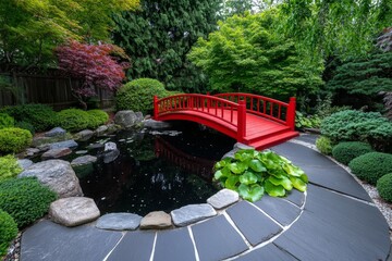 Poster - A tranquil HDR shot of a Japanese garden with a koi pond, red bridge, and lush green foliage glowing in soft light