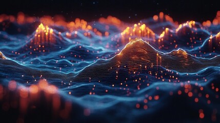 Poster - Vibrant digital artwork featuring a futuristic landscape with undulating waveforms in vivid gradient colors pulsing with dynamic energy and luminous lighting effects