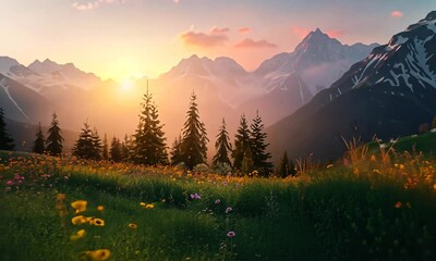 Wall Mural - slow motion through mountainous floral meadow with white colorful summer flowers at golden hour in s