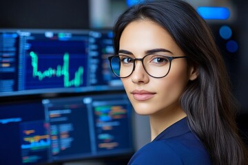 Poster - A woman coding algorithms for stock market predictions, surrounded by technical books, data charts, and monitors in a tech hub