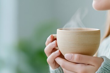Wall Mural - a woman delicate hands holding a steaming cup of coffee, with soft focus on her cozy knitted sweater