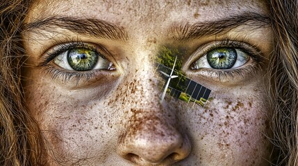 Wall Mural - close-up of a human face with the reflection of wind turbines and solar panels in the eyes, representing the harmony between people and sustainable living. [environment]:[Sustainable living] 