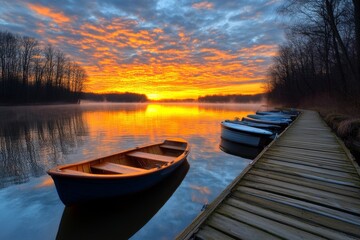 Poster - An HDR shot of a misty harbor at dawn, with boats docked and the still water reflecting golden-pink light