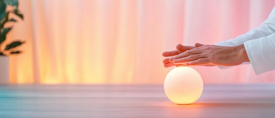 Wall Mural - A hand hovers over a glowing orb on a soft, illuminated background.