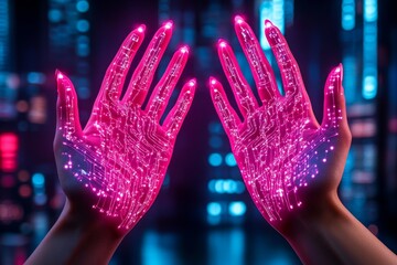 Poster - Cyberpunk-inspired glowing hands with neon-blue veins and digital circuitry patterns, holding a holographic city map surrounded by futuristic screens