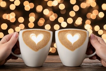 Poster - A romantic scene with two cups of coffee, with heart-shaped latte art on the foam, set on a wooden cafÃ© table