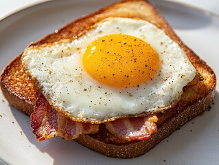 Delicious breakfast featuring crispy bacon and fried egg on toast.