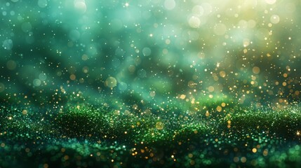 Wall Mural - Magical green bokeh background with glittering particles and soft light.