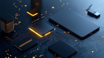 Aufkleber - modern technology elements on dark background featuring minimalistic design and 2d circuits merging 