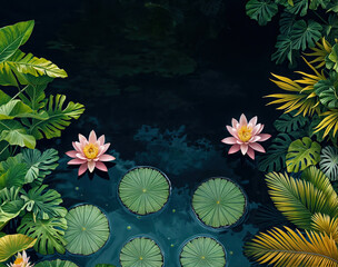 Wall Mural - a serene pond scene with two pink lotus flowers floating on the water. Surrounding the pond are various lush green plants and leaves, creating a tranquil and natural atmosphere.