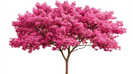 Vibrant pink bougainvillea tree isolated on white background.