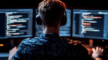 Programmer working late at night on triple monitors. (1)