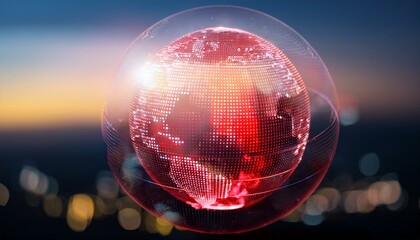 Poster - Creative glowing futuristic red globe hologram on blurry wide background. Generated image
