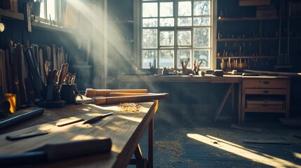 Poster - A tranquil woodworking session in a sunlit workshop, Tools and timber arranged for crafting, Woodcraft style