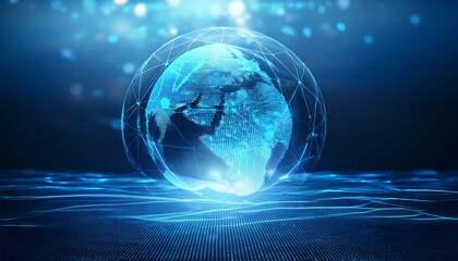 Poster - Creative glowing futuristic blue globe hologram on blurry wide background. Generated image