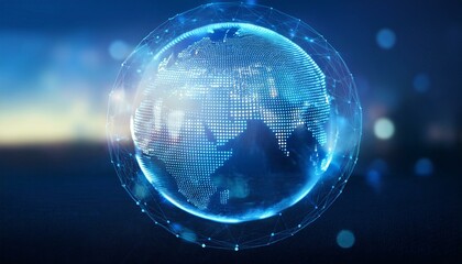 Poster - Creative glowing futuristic blue globe hologram on blurry wide background. Generated image