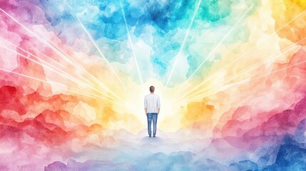 Wall Mural - A person stands in a vibrant, colorful cloudscape, illuminated by beams of light.