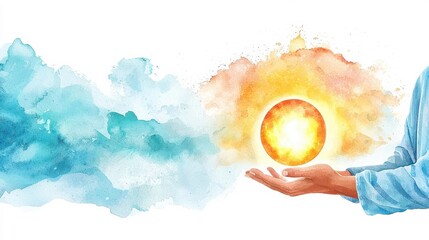 Wall Mural - A hand holding a glowing sun amidst blue clouds in a watercolor style.