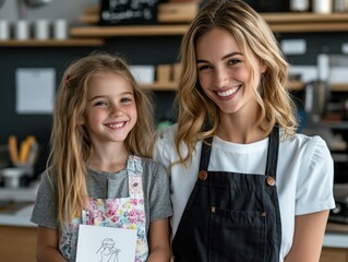 capture the joy of creation a child presents her artwork, showcasing a delightful drawing, while a s